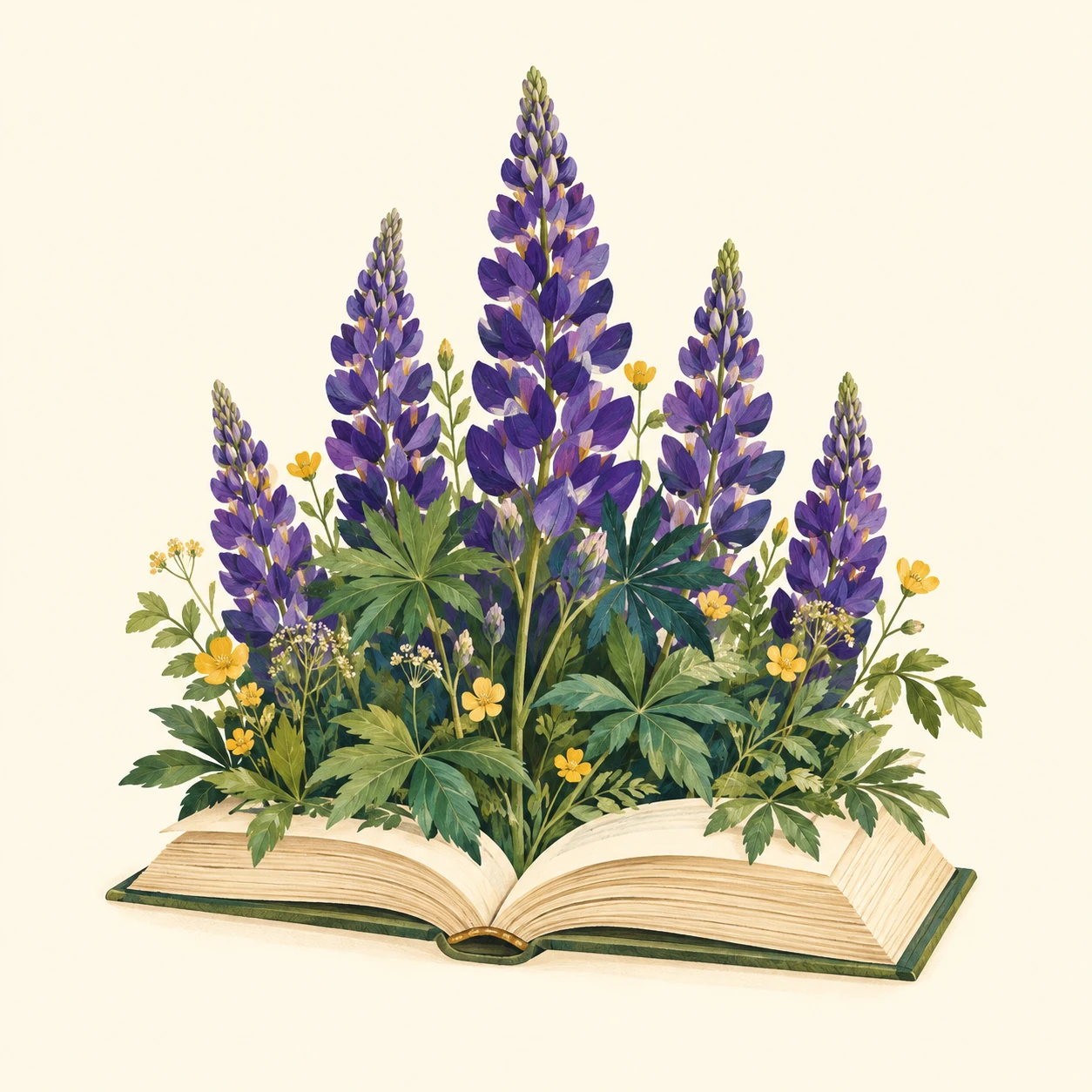 An open book blooming with purple lupines and green leaves
